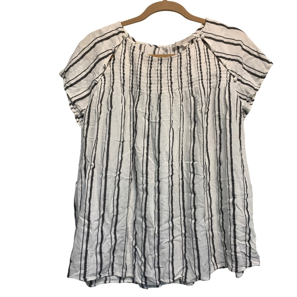 LOFT Striped Smocked Blouse Large Short Sleeve Cotton Blend Boho Airy Top